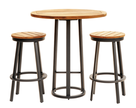 Stylish round wooden table with two matching stools, perfect for dining or casual gatherings. sleek design combines wood and metal for modern look