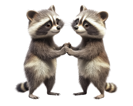 Two cute raccoon characters holding hands, showcasing friendship and playfulness. Their expressive eyes and fluffy fur add charm to this delightful scene