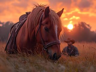Obraz premium Chestnut horse rests in field at sunset, cowboy sits nearby.