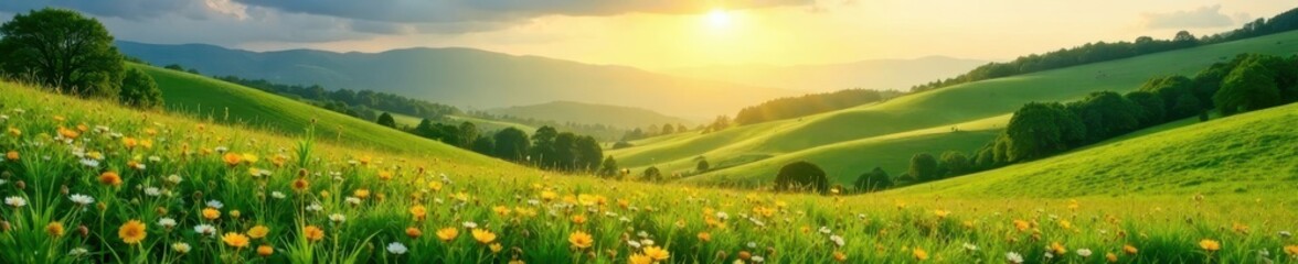 Fototapeta premium Rolling green hills bathed in sunlight, wildflowers blooming, rural, panorama