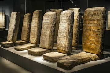 Ancient inscribed stones displayed on bases.