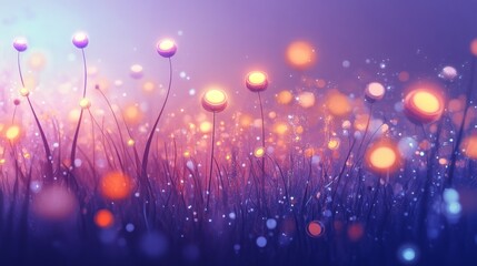 Futuristic Glowing Meadow with Floating Pollen Particles - Cartoon Style Illustration on White Background