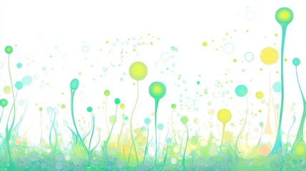Whimsical Futuristic Meadow with Glowing Stems and Floating Pollen Particles in Cartoon Style on White Background