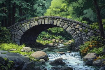 Fototapeta premium Stone Arch Bridge Over Forest Stream