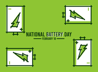 Vector Illustration of National Battery Day. February 18. Green, white and black colors. Flat design vector. Poster, banner, card, background.