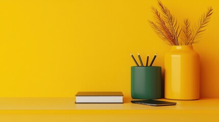 2025 Goals Setting With Vision And Strategy. Bright workspace with colorful decor and stationery on a yellow background.