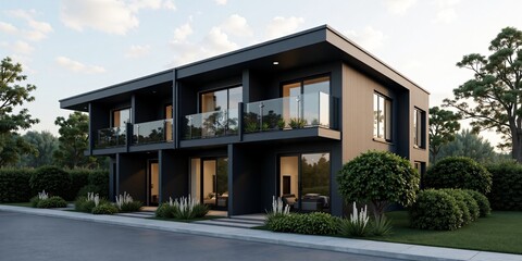 Fototapeta premium Modern black exterior modular private townhouses. Residential architecture exterior. 