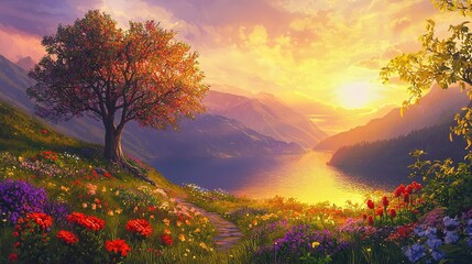 Sunset Mountain Lake, Floral Path