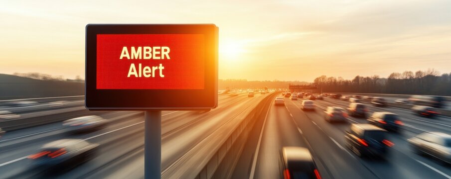 AMBER alert system. Amber Alert sign displayed on a highway during sunset.