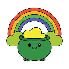 A magical leprechaun's pot of gold glimmers at the end of a vibrant rainbow, surrounded by lush green hills. A symbol of luck, mischief, and treasured fortune.