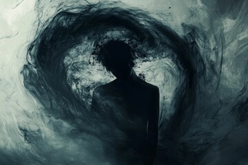 Dark figure engulfed by swirling, abstract ink.