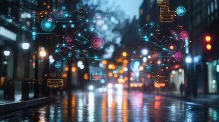 Obraz premium A wet urban street at night with colorful bokeh lights and glowing interface elements such as spinning graphs and connected nodes.