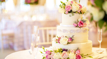 Elegant Four-Tier Wedding Cake with Floral Decorations 