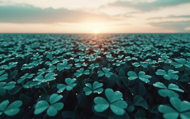Fototapeta premium shamrocks symbol concept. A serene depiction of glowing shamrocks scattered across a dewy meadow at sunrise