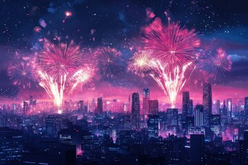 Fototapeta premium Pink Fireworks Exploding Over a Cityscape at Night