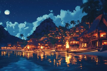 Fototapeta premium Nighttime Tropical Village Illuminated With Warm Lights