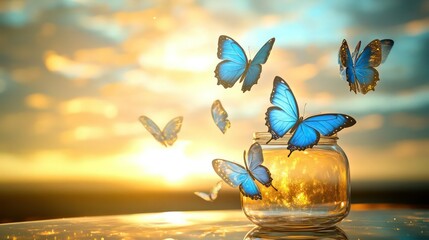 Delicate blue and gold butterflies floating from a tilted glass jar on a polished surface, with a background glowing in golden yellows blending into cool azure tones.
