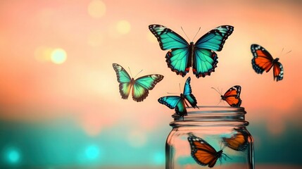 Butterflies in vibrant shades of turquoise and amber gracefully flying out of a glass jar, set against a glowing peach light fading into a deep aqua bokeh.