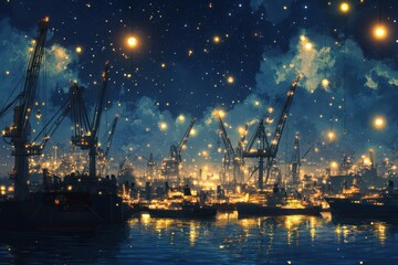 Obraz premium Nighttime Harbor Scene With Illuminated Cranes and Floating Lights