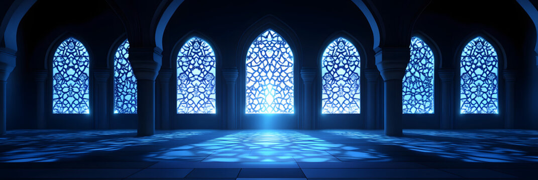 a light blue and white Islamic window above it, and two large windows behind it with Islamic patterns in them. The background color is dark navy blue. Ramadan kareem banner background.
