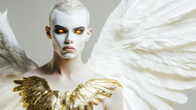 striking androgynous figure with white wings and golden accents, exuding ethereal presence. intense gaze and unique makeup create captivating, otherworldly aura - Powered by Adobe