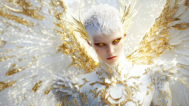 androgynous angel with white and gold wings, striking features, and glowing eyes, exuding powerful presence in mystical setting