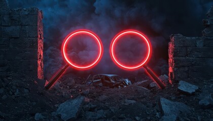 car wrecks concept. A symbolic depiction of glowing magnifying glasses hovering over a wreck, symbolizing meticulous investigation, car wrecks accident investigation, conceptual focus design