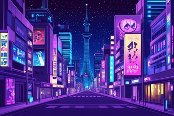 Neon Cityscape at Night Featuring a Tower