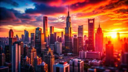 Fototapeta premium AI-generated tilt-shift photography: vibrant sunset paints a city of tiny towers.