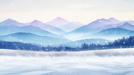 Obraz premium A serene snowy landscape with distant mountains in soft shades of light blue and purple, a snow-covered meadow in the foreground, and delicate watercolor strokes of cool whites and silvers.