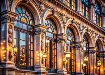 Obraz premium Architectural photography captures an elegant stone building, ornate arches, and soft bokeh, highlighting intricate details.