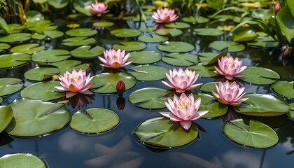 Serene Water Lily Pond in Summer Sunlight