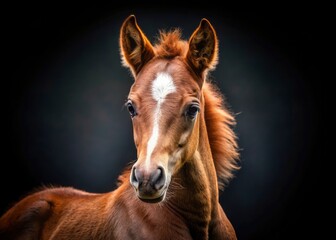 Fototapeta premium Black background showcases a newborn foal mare's gentle face in stunning equine portrait.