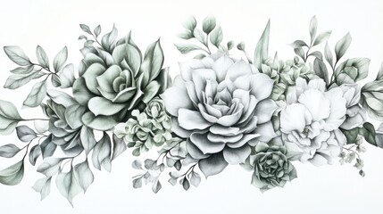 A monochromatic floral arrangement featuring detailed roses and succulents, beautifully illustrated with intricate shading and delicate leaves.