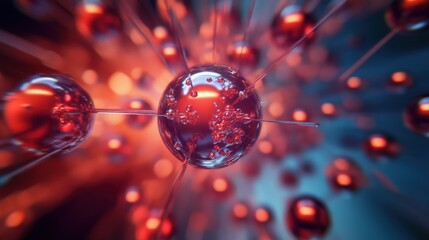 A vivid, abstract representation of atoms with glowing particles and rays, showcasing a dynamic interaction in a molecular space.
