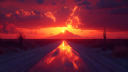 Vibrant sunset over desert landscape with road reflecting fiery sky.