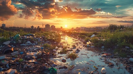 landfill site with piles of trash and waste management equipment