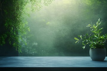 3D empty room with indoor plants and soft-focus background for a serene atmosphere 