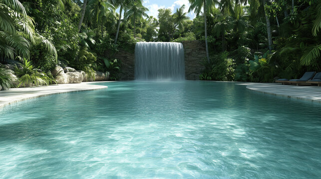 serene tropical pool with waterfall surrounded by lush greenery