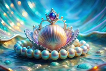 Obraz premium Elegant pearl shell crown, a nature's treasure: shiny, luxurious pearls, underwater photography captures seashell art.