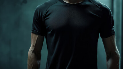 Athletic black t shirt on muscular male model, showcasing sleek design and fit. Ideal for sports and fitness activities, emphasizing comfort and style