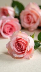 Obraz premium A single light pink rose placed on a elegant cream-colored surface with blurred pink roses in the background, blurred background, elegant decor