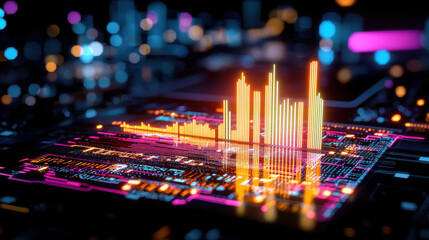 vibrant bar graph displaying data correlation on digital circuit board, showcasing bright colors and modern technology. visual representation highlights trends and insights