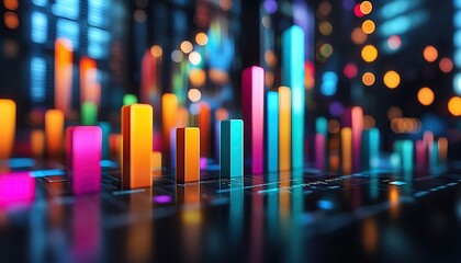 A photostock of colorful 3D bar graphs on a dark background, emphasizing data analytics and financial reports