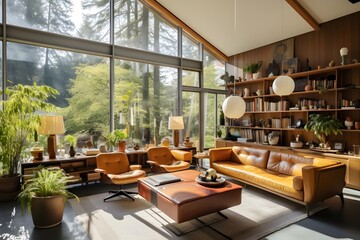 Fototapeta premium Mid-century living room with wooden walls and architectural transformations with leather chairs
