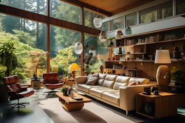 Mid-century living room with wooden walls and architectural transformations with leather chairs