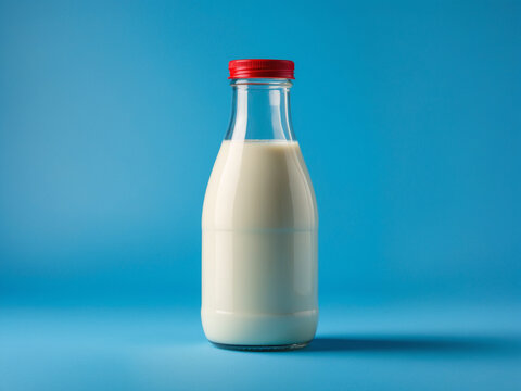 a glass milk bottle with a red cap, filled with milk, placed against a vibrant blue background.