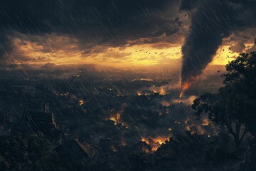 Fototapeta premium Torrential rain, fiery vortex, city ablaze.
