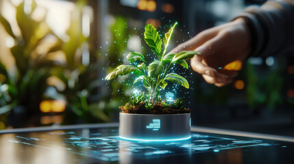 futuristic concept showcasing hand interacting with holographic plant, symbolizing AI powered growth and technology agriculture. vibrant greenery and digital elements create sense of innovation