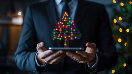 businessman holds smartphone displaying digital Christmas tree with colorful lights, symbolizing fusion of technology and holiday spirit